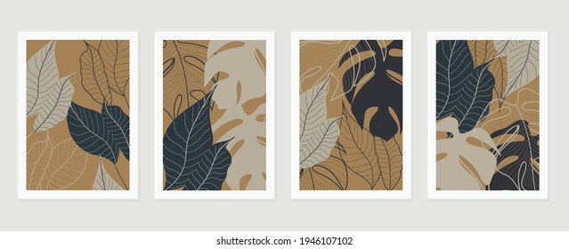 Abstract art nature background vector. Modern shape line art wallpaper. Boho foliage botanical tropical leaves and floral pattern design for home deco, wall art, social media post and story background