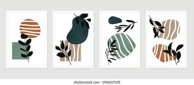 Abstract art nature background vector. Modern shape line art wallpaper. Boho foliage botanical tropical leaves and floral pattern design for home deco, wall art, social media post and story background