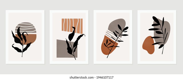 Abstract art nature background vector. Modern shape line art wallpaper. Boho foliage botanical tropical leaves and floral pattern design for home deco, wall art, social media post and story background