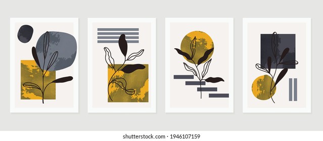 Abstract art nature background vector. Modern shape line art wallpaper. Boho foliage botanical tropical leaves and floral pattern design for home deco, wall art, social media post and story background