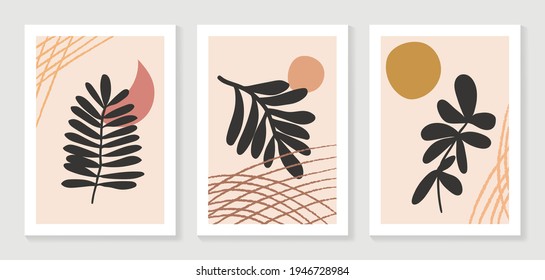 Resumen del vector de fondo de la naturaleza artística. Fondo de pantalla de arte moderno con líneas de forma. El boho follaje botánico deja el diseño de textura acuarela para el deco doméstico, el arte mural, el post en medios sociales y el fondo de la historia.
