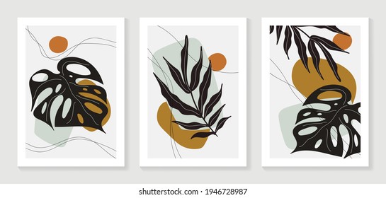 Abstract art nature background vector. Modern shape line art wallpaper. Boho foliage botanical leaves watercolor texture design for home deco, wall art, social media post and story background.
