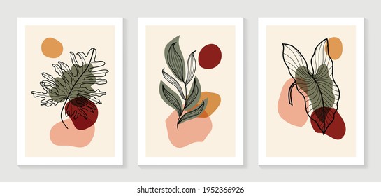 Abstract art nature background vector. Modern shape line art wallpaper. Boho foliage botanical leaves watercolor texture design for home deco, wall art, social media post and story background.