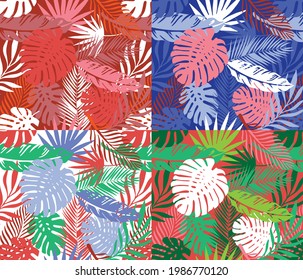 Abstract art nature background vector set palm monstera leaves patchwork. Modern tropical summer foliage botanical leaves and floral pattern design for home deco, wall art, fabric, quilting