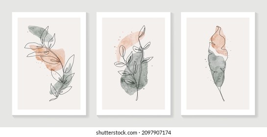 Abstract art nature background vector. Modern shape line art wallpaper. Boho foliage botanical leaves watercolor texture design for home deco, wall art, social media post and story background.