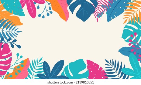 Abstract art nature background vector. Boho foliage botanical tropical leaves design for summer sale banner. Seasonal wallpaper background frame with space for text.