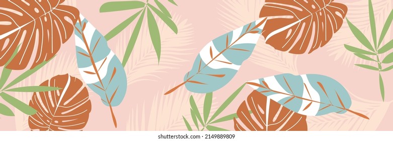 Abstract art nature background vector. Modern fashion art wallpaper. Boho foliage botanical tropical leaves and floral pattern design for home deco, wall art, social media post and story background.