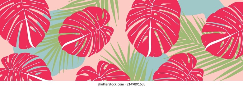 Resumen del vector de fondo de la naturaleza artística. Papel tapiz de arte moderno de moda. Hojas tropicales botánicas del follaje Boho y diseño de patrones florales para el deco casero, arte mural.