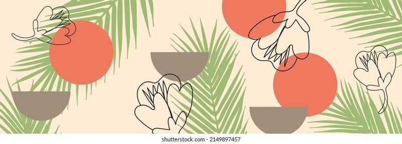 Resumen del vector de fondo de la naturaleza artística. Fondo de pantalla de arte moderno con líneas de forma. Hojas tropicales botánicas de follaje Boho y diseño de patrones florales para banner de venta de verano, arte de pared, huellas y telas.