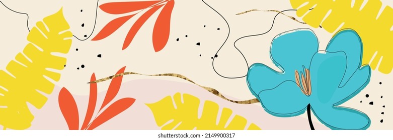 Abstract art nature background vector. Modern shape line art wallpaper. Boho foliage botanical tropical leaves and floral pattern design for summer sale banner , wall art, prints and fabrics.
