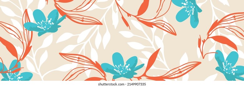 Abstract art nature background vector. Modern shape line art wallpaper. Boho foliage botanical tropical leaves and floral pattern design for summer sale banner , wall art, prints and fabrics.