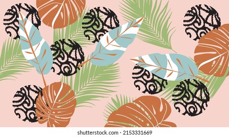 Resumen del vector de fondo de la naturaleza artística. Papel tapiz de arte moderno de moda. Hojas tropicales botánicas de follaje boho y diseño de patrones florales para el deco doméstico, arte mural, publicaciones en medios sociales y antecedentes de historias.