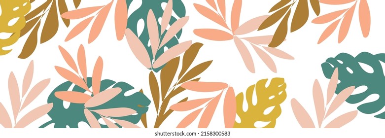 Abstract art nature background vector. Modern fashion art wallpaper. Boho foliage botanical tropical leaves and floral pattern design for summer sale banner, wall art, prints and fabrics.