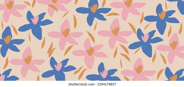 Abstract art nature background vector. Cute garden flowers and leaves soft pastel pattern. Botanical design for banner, wall arts, cards, prints and fabrics