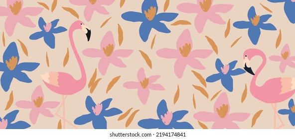 Abstract art nature background vector. Cute garden flowers, leaves and flamingos soft pastel pattern. Botanical design for banner, wall arts, cards, prints and fabrics