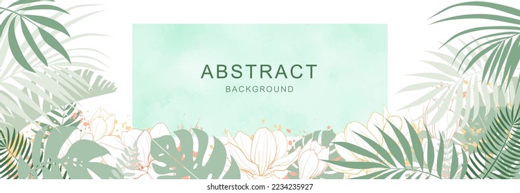 Abstract art nature background vector. Modern shape line art wallpaper. Boho foliage botanical tropical leaves, wall art, social media post and story background.