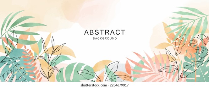 Abstract art nature background vector. Modern shape line art wallpaper. Boho foliage botanical tropical leaves and floral pattern design for summer sale banner.