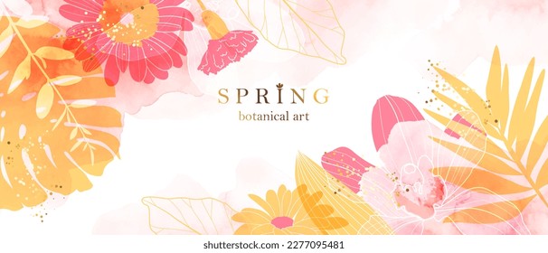 Abstract art nature background vector. Line art colorful exotic plants, flowers, leaves. Watercolor texture. Wall art, wallpaper, cover, packaging, wedding design.