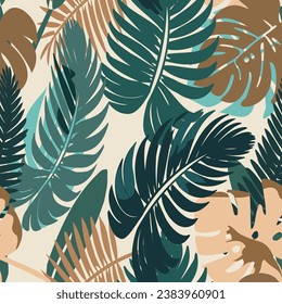 Resumen del vector de fondo de la naturaleza artística. Papel pintado moderno de hojas de palma. Hojas tropicales botánicas de follaje Boho y diseño de patrones florales sin fisuras para banner de venta de verano, arte mural, huellas y telas.
