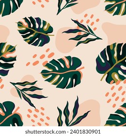 Abstract art nature background vector. Modern shape line art wallpaper. Boho foliage botanical tropical leaves and floral pattern design for home deco