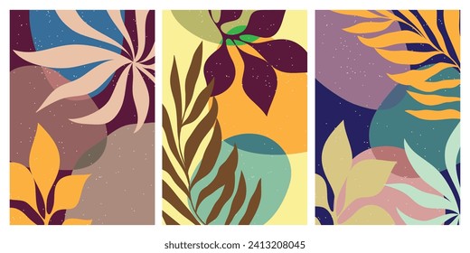 Abstract art nature background vector. Modern shape line art wallpaper. Boho foliage botanical tropical leaves and floral pattern design for home deco, wall art, social media post and story background