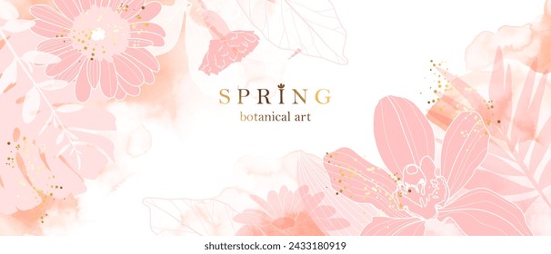 Abstract art nature background vector. Line art exotic plants, flowers, leaves. Wall art, wallpaper, cover, packaging design.Soft pink watercolor, golden splatters.