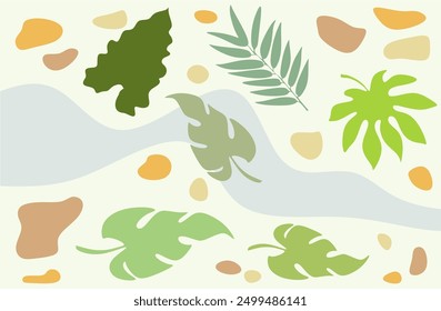 Abstract art nature background vector. Boho foliage botanical tropical leaves and floral pattern design for summer sale banner, wall art, prints and fabrics. Hand drawn Vector illustration.