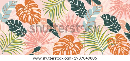 Abstract art nature background vector. Modern shape line art wallpaper. Boho foliage botanical tropical leaves and floral pattern design for home deco, wall art, social media post and story background