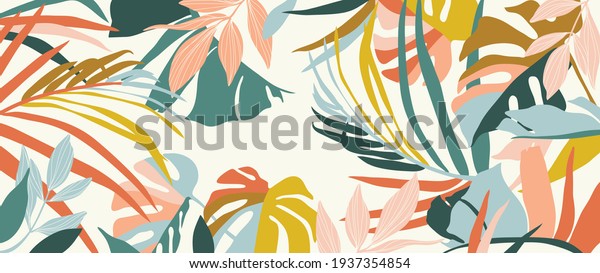 Abstract art nature background vector. Modern
shape line art wallpaper. Boho foliage botanical tropical leaves
and floral pattern design for summer sale banner , wall art, prints
and fabrics.