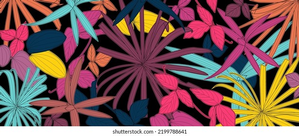 Abstract art nature color background vector. Boho foliage botanical tropical leaves and floral pattern design for summer sale banner, wall art, prints and fabrics.