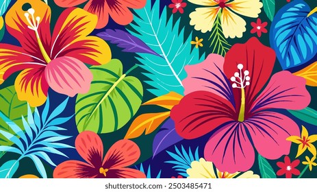 Arte abstracto de la naturaleza con un colorido patrón de hibisco en un estilo de dibujo caprichoso y juguetón, con las flores exóticas en diseños llamativos y llamativos que agregarán un toque de color a cualquier superficie