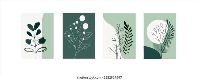 Abstract art nature floral background vector. Modern shape line art. Boho foliage botanical green leaves vector illustration on white background.