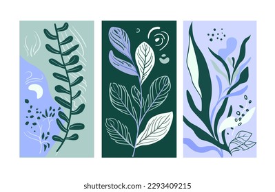 Abstract art nature floral background vector. Modern blue shape line art. Boho foliage botanical leaves set vector illustration on blue and white background.