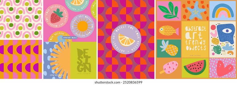 Abstract art objects for design. Vector illustrations of modern trendy children's cute icons, pattern, stickers, geometric shapes, rainbow, lemon, ice cream, watermelon, fish, leaf, pineapple