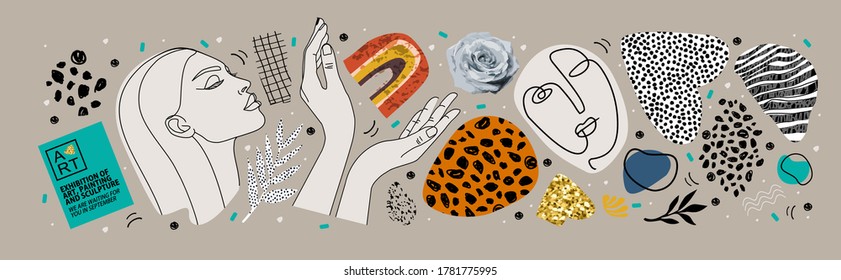 Abstract art objects for an art exhibition: music  literature painting  Vector illustrations shapes  portraits people  hands  spots   textures for backgrounds