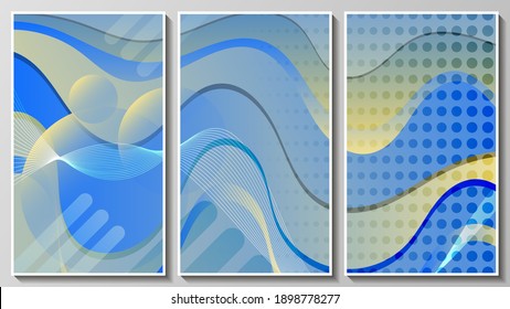 abstract art panels. a set of three textured blue-yellow aquamarine images in white frames. memphis style. overlapping smooth lines, shapes, stripes, geometric objects. vector