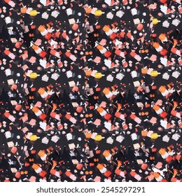 Um padrão de arte abstrata com pinceladas arrojadas e coloridas em tons quentes de vermelho, laranja e amarelo em um fundo escuro. Ideal para design contemporâneo, decoração ou fundos digitais.