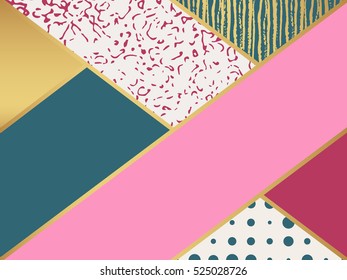 Abstract art pattern. Vector illustration for fashion design. Cute shape background. Hand painted texture. Retro backdrop decoration. Blue, pink and white, golden colors.