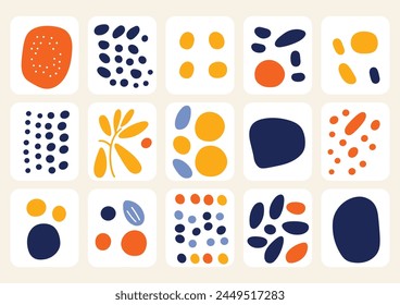 Abstract art patterns include dots, circles, flowers, leaves, petals, geometric figures, and organic forms made with rounded lines, all in navy blue, sky blue, light yellow and white colors