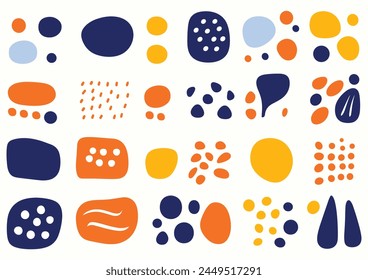 Abstract art patterns include dots, circles, flowers, leaves, petals, geometric figures, and organic forms made with rounded lines, all in navy blue, sky blue, light yellow and white colors