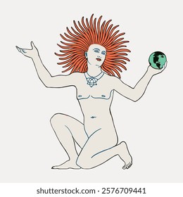 Abstract art of a person with red hair holding a globe. The figure is kneeling, with a stylized, minimalist design. Red hair and globe are key elements. Vintage illustration isolated on white, vector.