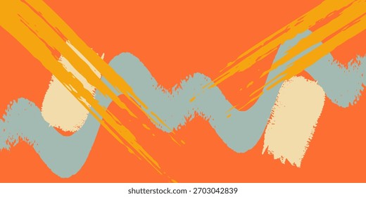 An abstract art piece featuring curvilinear shapes in beige and blue tones against an orange backdrop with subtle brush textures.
