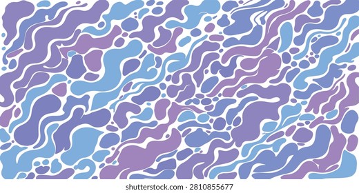 An abstract art piece featuring purple and blue blobs on a white background with unique shapes and patterns everywhere