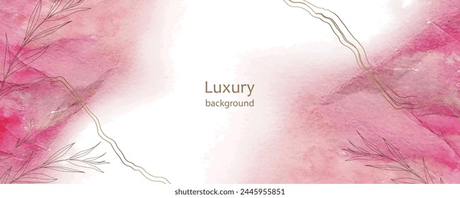 Abstract art pink background vector. Luxury wallpaper tone watercolor, leaf, flower and gold glitter. Minimal Design for text, packaging, prints. Dye splash style
