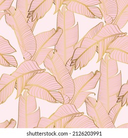 Abstract art Pink Golden leaves background. Wallpaper design with line art texture from bananas leaves, Jungle leaves, exotic botanical floral pattern. Design for prints, banner, wall art.