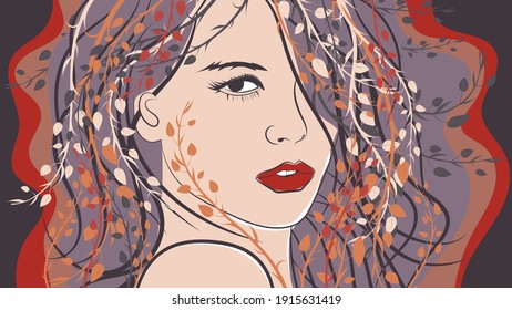 abstract art portrait of a girl on a dark background. a girl's face with red lips and multi-colored hair made of plant elements, shapes and stripes with wavy edges. vector 