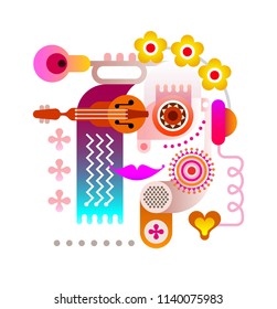 Abstract art portrait of a young woman with wreath of flowers on her head. Colorful vector illustration isolated on a white background. 