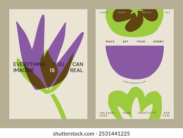 Cartel de arte Abstractas con Formas púrpuras y verdes audaces. Diseño creativo con texto inspirador. Arte, creatividad e imaginación enfatizados en estilo moderno. Conjunto de Vector de Plantilla de póster floral creativo.