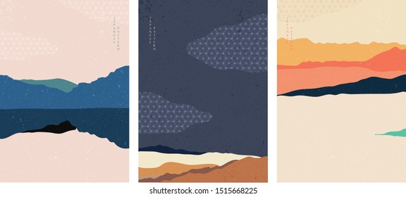 Abstract art in poster design. Landscape background with Japanese pattern vector. Panorama scene template. Abstract template.