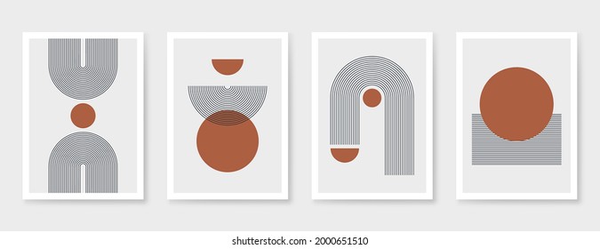 Abstract art poster with geometric shapes, lines and organic composition. Scandinavian and Boho style poster, trendy interior poster design. Minimalist abstract art. Vector